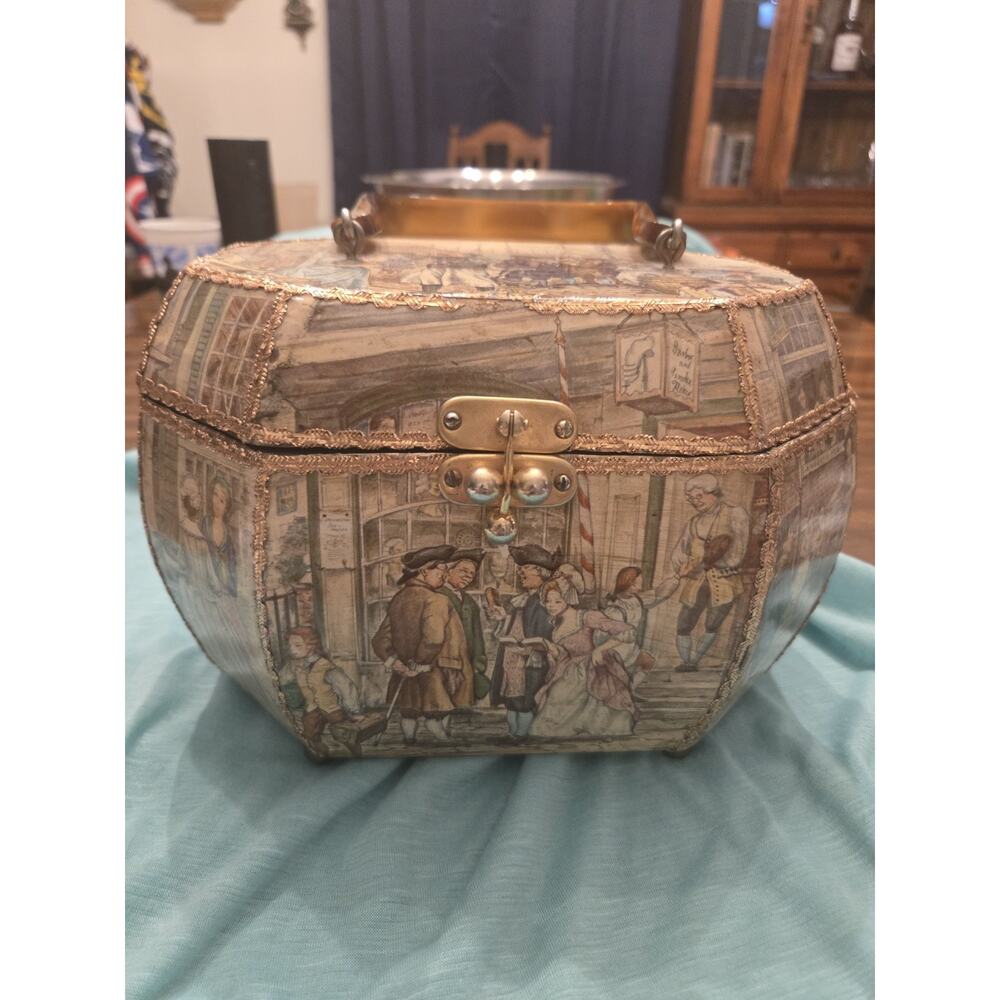 Vintage 1960s Anton Pieck Decoupage Octagonal Wooden Box Purse